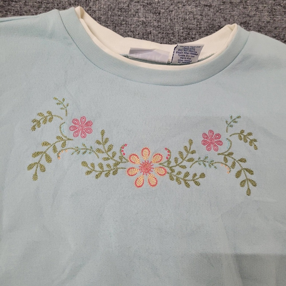 Vintage Sweatshirt Womens 2XL Light Blue Floral Embroidery Double Neck Pullover